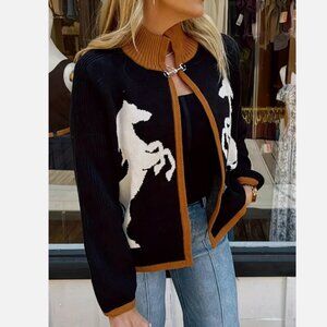 Horse Equestrian Knit Cardigan Sweater Cape Shrug Black Horses Western S New